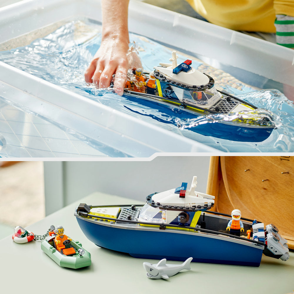 LEGO Police Boat Chase set 60456 showing blue and white police boat in water during play and detailed view of completed set with minifigures and accessories on white surface