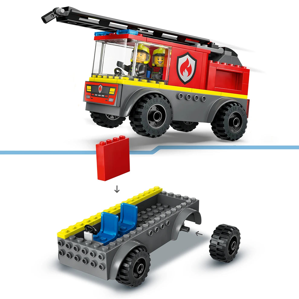 LEGO City Fire Ladder Truck 60463 set showing red and gray fire engine with extending ladder and two minifigures above, and gray modular base platform with blue seating below