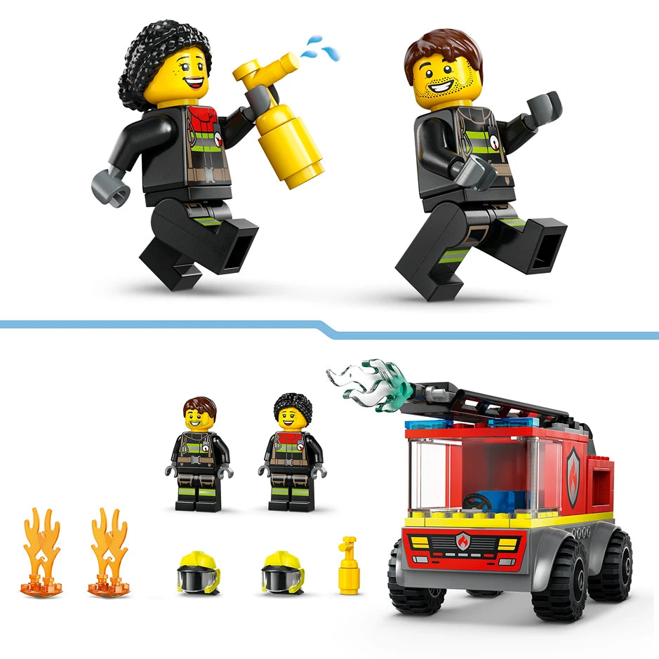 LEGO City Fire Ladder Truck 60463 set showing two yellow minifigures in black firefighter uniforms, red and gray fire truck with extending ladder and water spray function, two additional minifigures, yellow helmets, orange flame pieces and yellow water extinguisher accessories