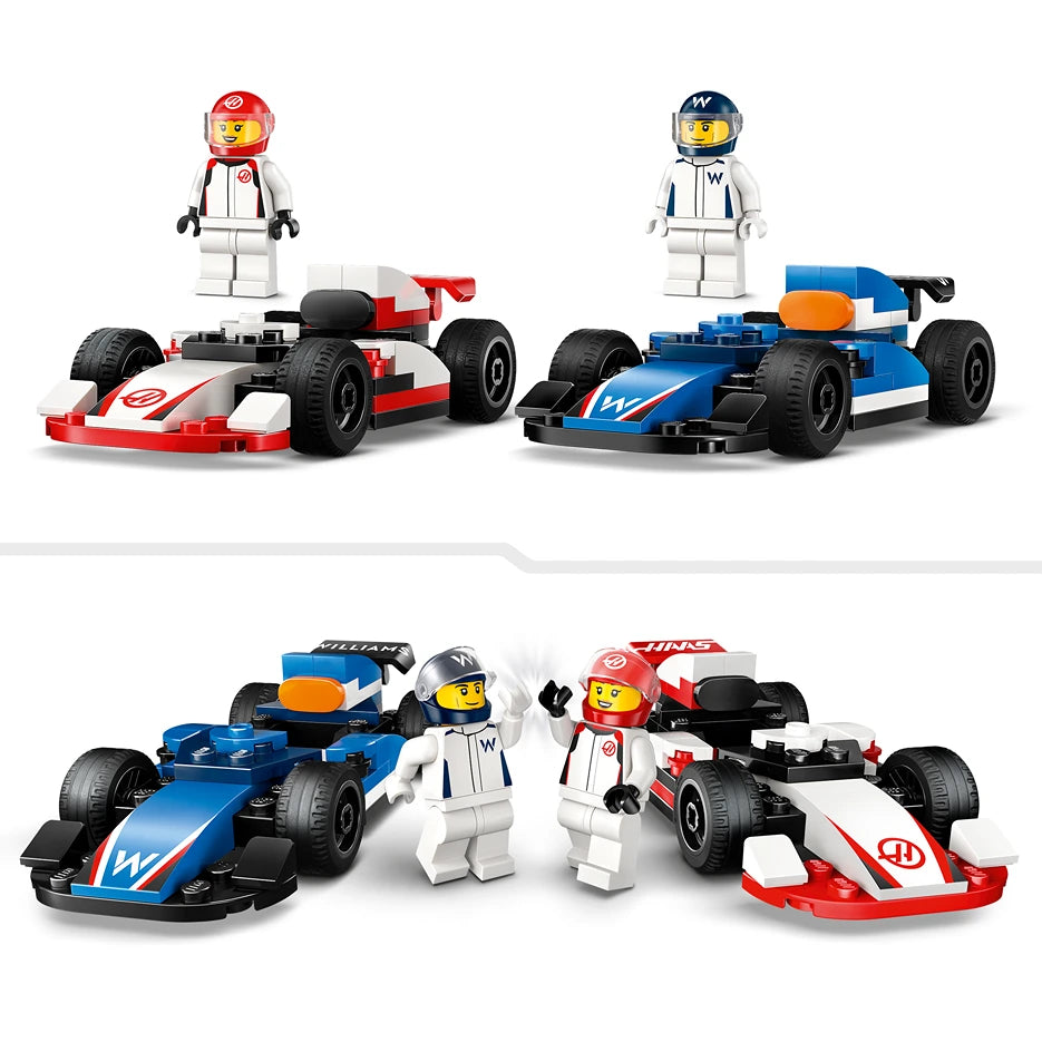 LEGO F1 racing set featuring Williams and Haas Formula 1 cars with minifigures, displaying red and white Haas car, blue and white Williams car, two articulated LEGO drivers in racing helmets and suits, detailed plastic construction with racing livery and black wheels, set 60464