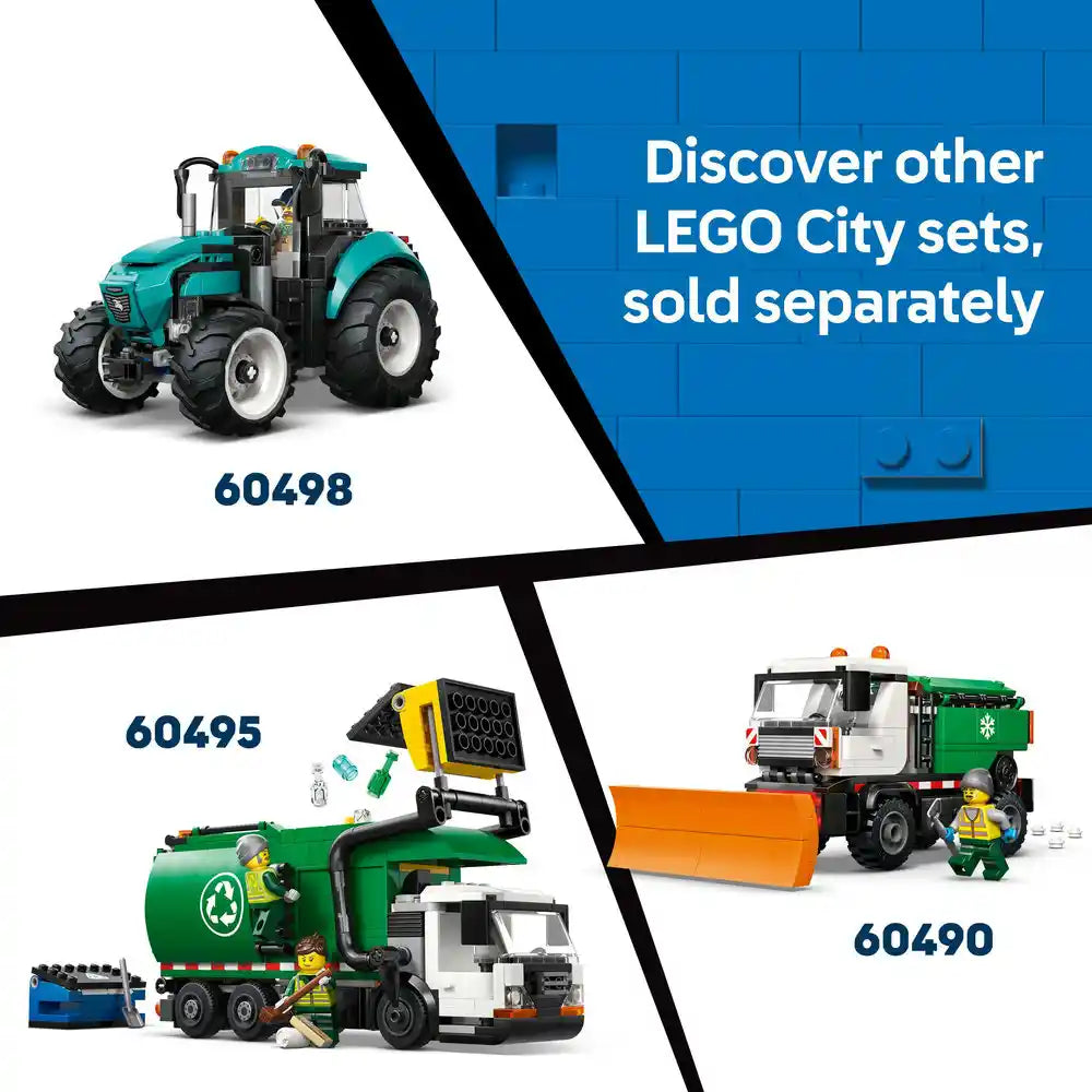 LEGO City Cement Mixer 60478 set featuring a white and green cement truck with rotating drum, two minifigures, and accessories, displayed alongside other LEGO City construction vehicles including a turquoise tractor 60498, recycling truck 60495, and snow plow truck 60490