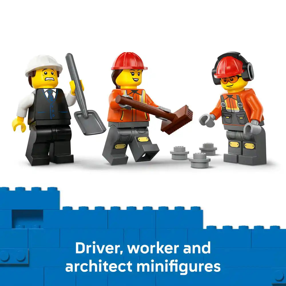 Three LEGO minifigures in construction attire - a driver in white hard hat and business suit holding a shovel, a worker in orange vest and red hard hat holding an axe, and a construction worker in orange vest with red hard hat and ear protection - displayed above blue LEGO bricks with gray concrete mixer drums, from LEGO City Cement Mixer set 60478
