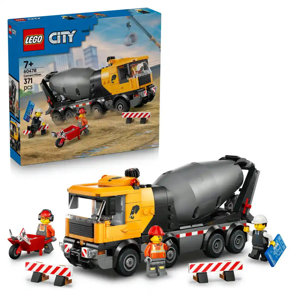 LEGO City Cement Mixer 60478 set showing yellow and black cement truck with rotating grey barrel drum, two minifigures in orange construction vests, red motorcycle, white and red striped barrier cones, and instruction manual displayed with product box