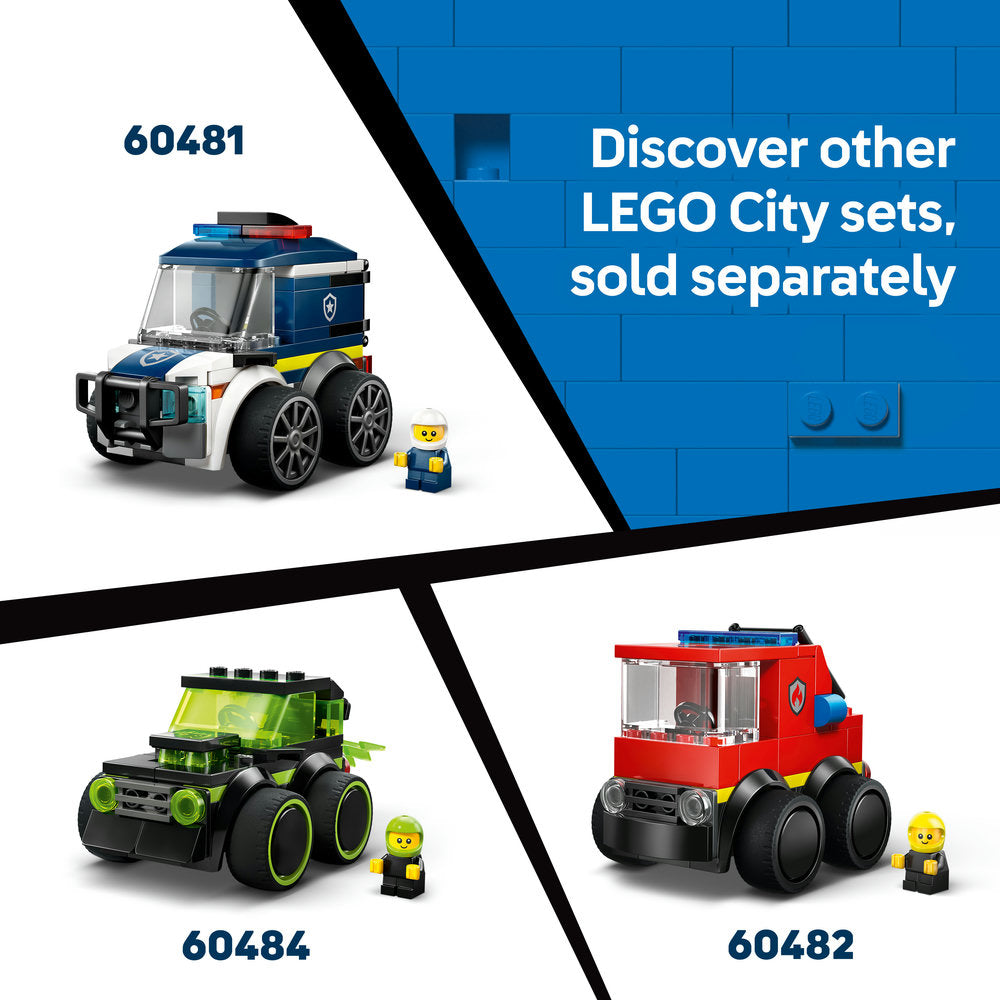 LEGO City Construction Loader set 60483 featuring a bright yellow and green buildable construction vehicle with large black wheels, accompanied by a yellow minifigure, displayed alongside related LEGO City vehicle sets 60481 police car and 60482 fire truck