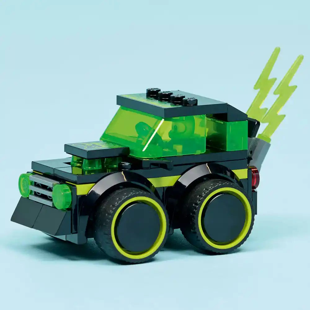LEGO Rides Gaming Race Car 60484 bright green and black construction toy vehicle with yellow-rimmed wheels, green headlights, and lime green lightning bolt wings against light blue background