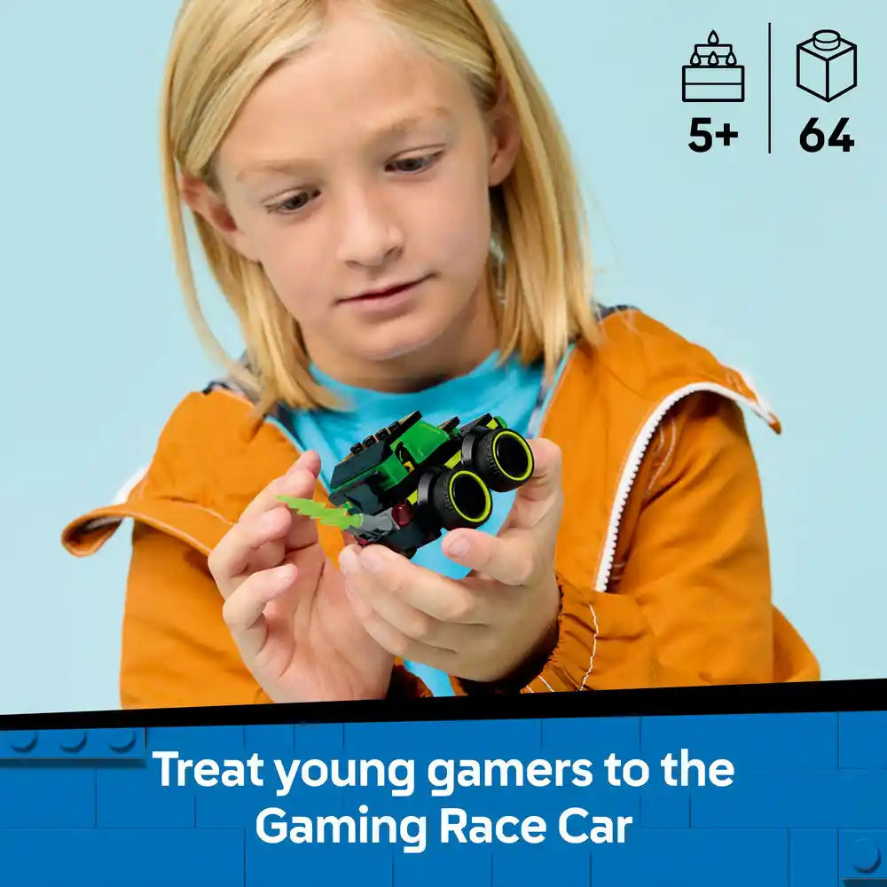 Young girl in orange and blue jacket holding green and black LEGO Gaming Race Car set 60484 against light blue background with age rating 5+ and 64 pieces shown top right