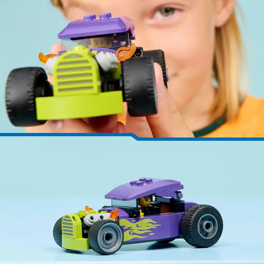 Child holding and displaying a bright neon yellow and purple LEGO Hot Rod car with black wheels, googly eyes, and orange accents, shown in two views - handheld and assembled on light blue background