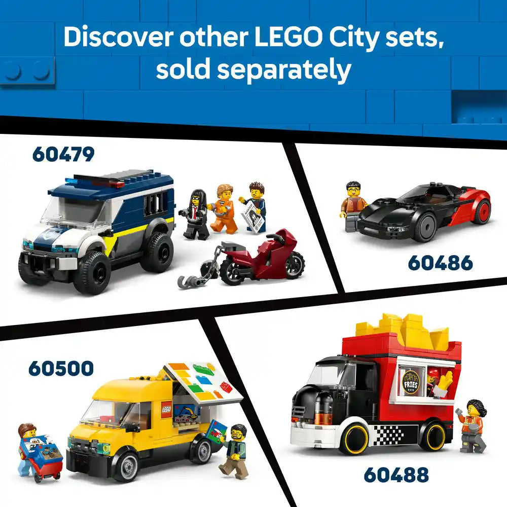 LEGO City Hot Rod set 60485 featuring a red and black sports car with minifigures, displayed alongside other LEGO City vehicle sets including police van 60479, luxury car 60486, food truck 60500, and fire truck 60488