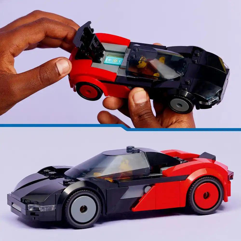 Lego EV Supercar 60486 set showing red and black sports car model held in hands above and fully assembled below against purple background