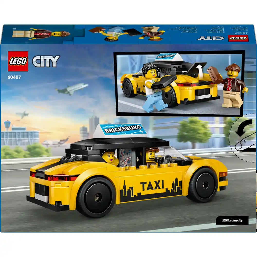 LEGO City Yellow Taxi set 60487 featuring a bright yellow taxi car with black details and "TAXI" text, including minifigures of a taxi driver and passenger, displayed against a cityscape background with Bricksburg sign