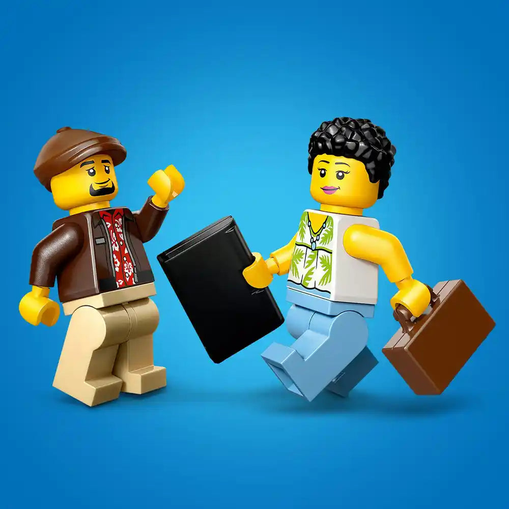 Two LEGO minifigures on a blue background, one wearing a brown cap and jacket holding a black briefcase, the other with black hair wearing a white and green top holding a brown suitcase, representing business professionals