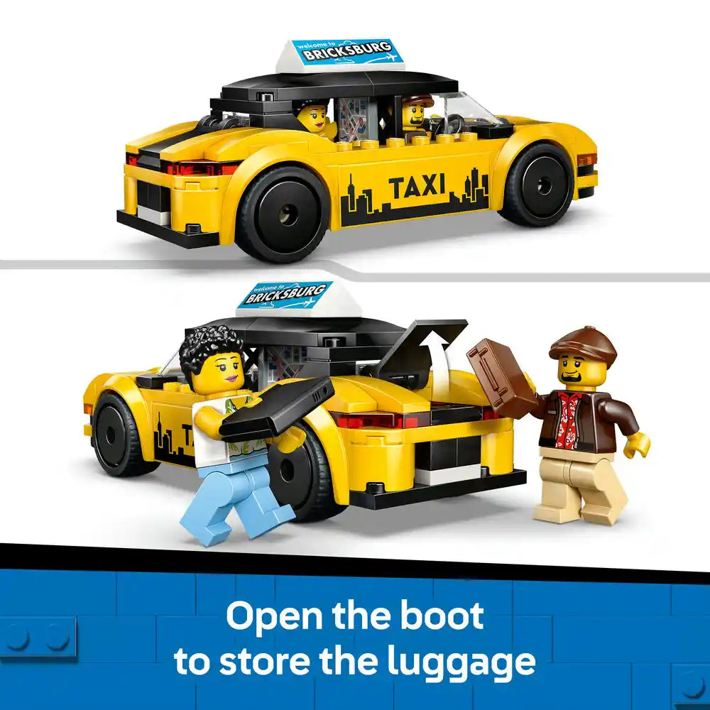 LEGO yellow taxi set 60487 showing assembled vehicle with opening boot and two minifigures, displayed in closed and open configurations with luggage storage feature