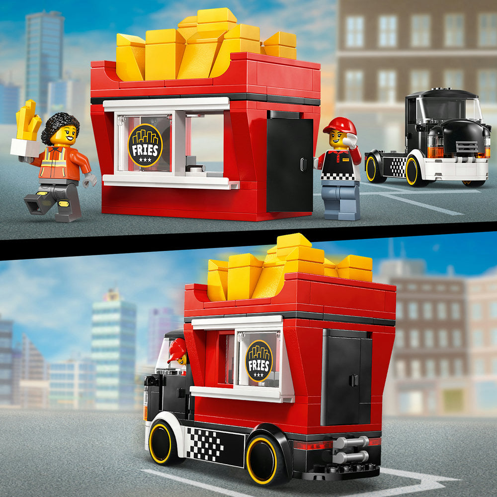 LEGO Food Truck set 60488 featuring a red and black mobile fries stand with yellow french fries on roof, two minifigures, and a black and white delivery truck, displayed in two views against urban city background