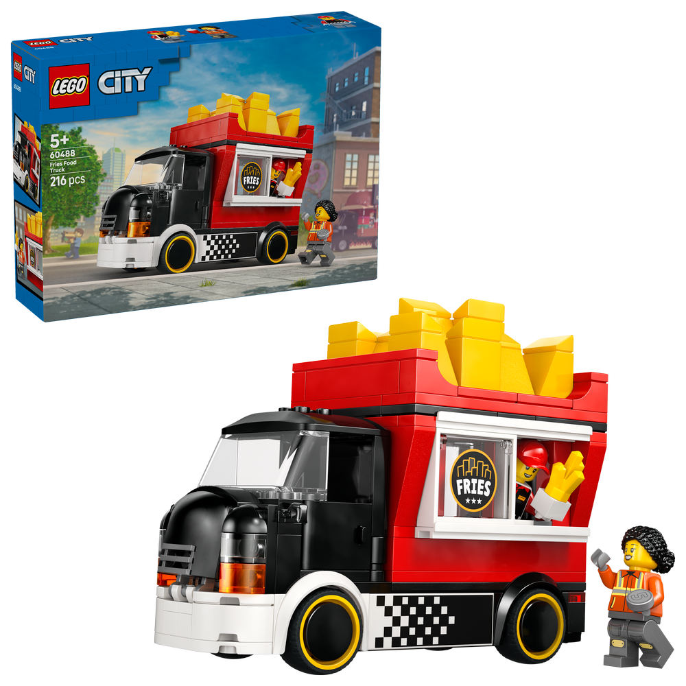 LEGO City Fries Food Truck 60488 set featuring red and black buildable truck with yellow fries on roof, service window with fries logo, white wall, checkered side panel, golden wheels, and minifigure customer, 216 pieces, ages 5 plus