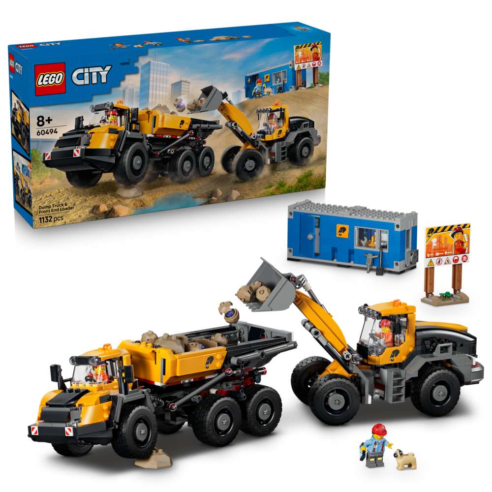 LEGO City Dump Truck & Front End Loader 60494 - shown with its product box. 1132 pieces. Ages 8+.