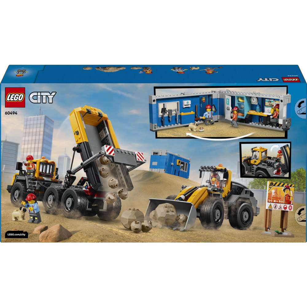 LEGO City Dump Truck & Front End Loader 60494 - the back of the box showing play features and box contents. 1132 pieces. Ages 8+.