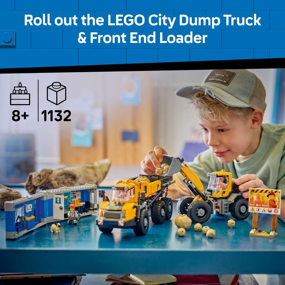 LEGO City Dump Truck & Front End Loader 60494 - captioned product view. 1132 pieces. Ages 8+.