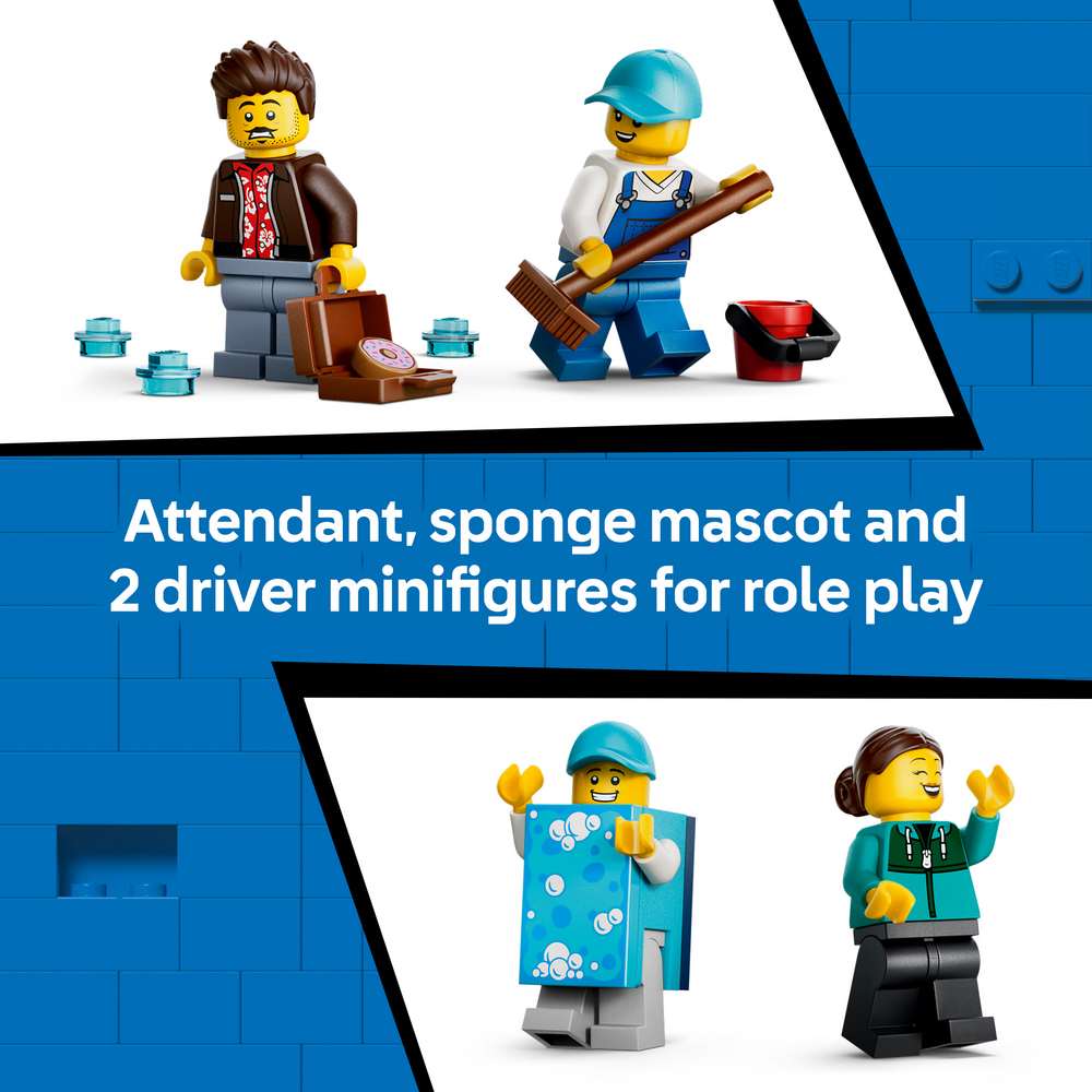 LEGO City Drive-Through Car Wash 60497 captioned view highlighting the LEGO Builder app with 3D digital instructions