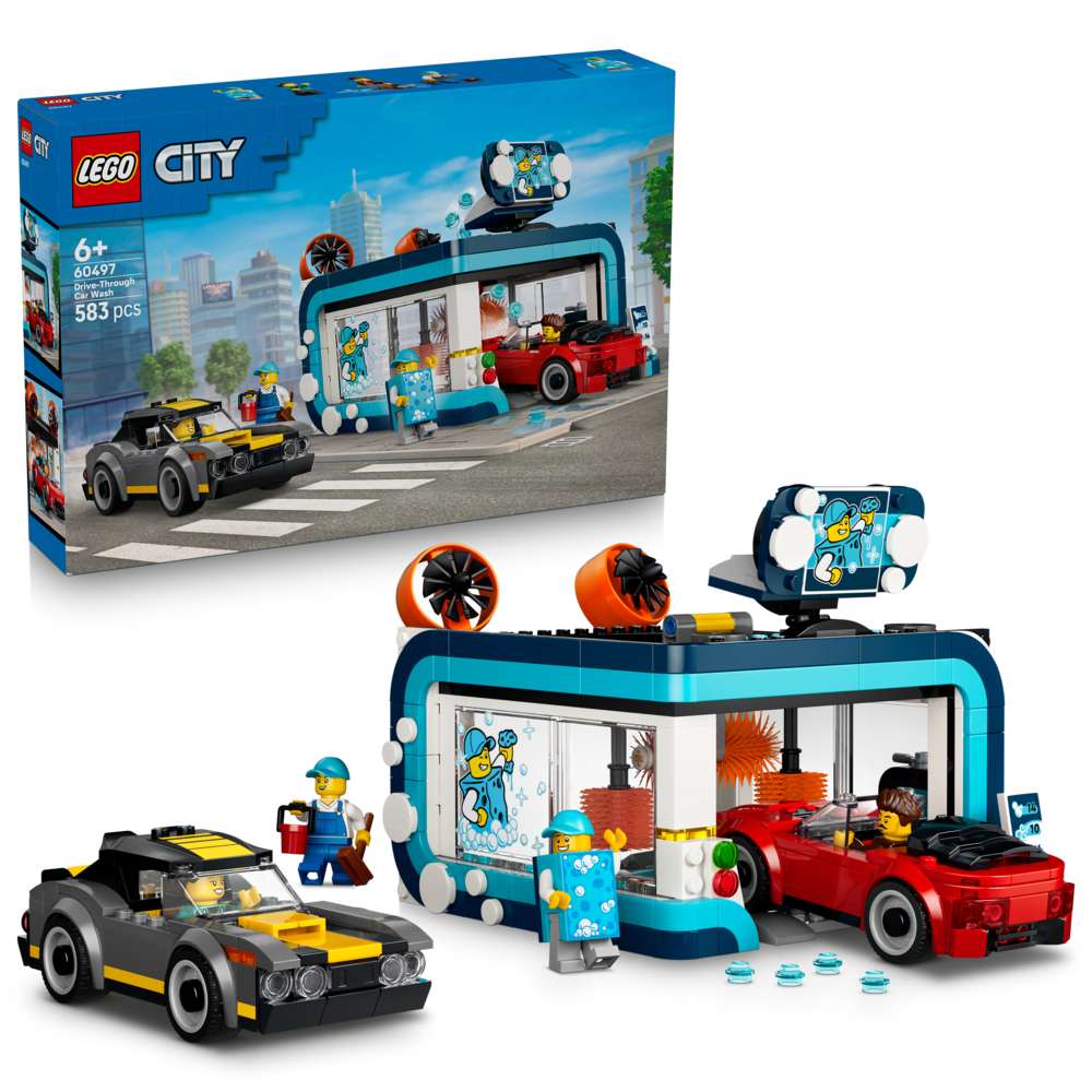 LEGO City Drive-Through Car Wash 60497 set shown beside its product box, blue and grey car wash building with spinning brushes, two toy cars and minifigures, 583 pieces for ages 6 and up