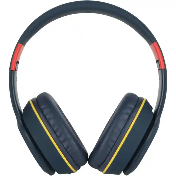 Red Bull Racing over-ear Bluetooth headphones featuring dark blue padded ear cups with yellow accents, dark blue headband with red accent panels, shown against a white background