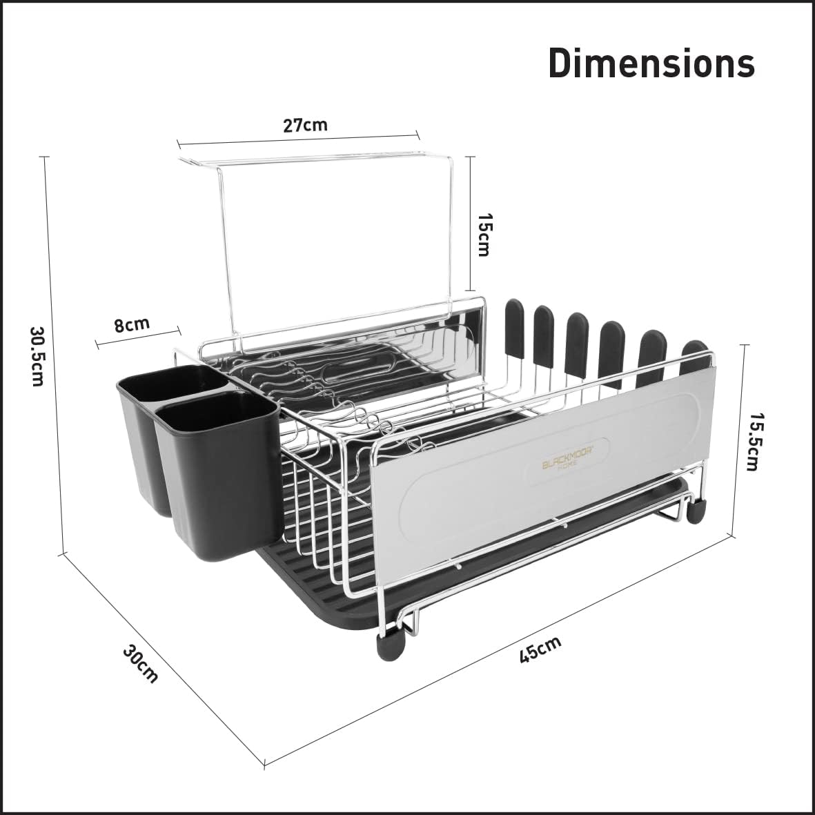 Blackmoor Deluxe Dish Drainer in black and white stainless steel with dimensions displayed, featuring drying racks, utensil holders, and two black drip trays on wheels