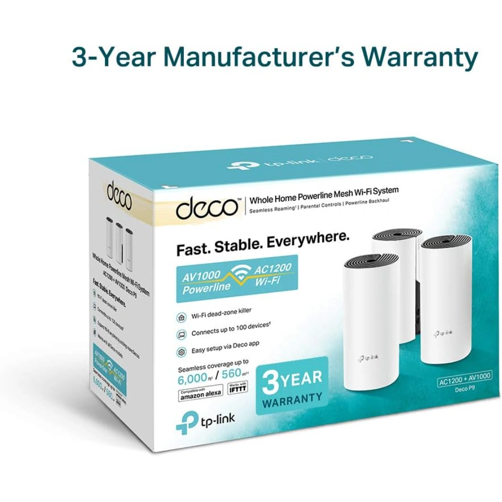 TP Link AC1200 + AV1000 Whole Home Hybrid Mesh Wi-Fi System - Pack of 3 - White | DECOP93PACK