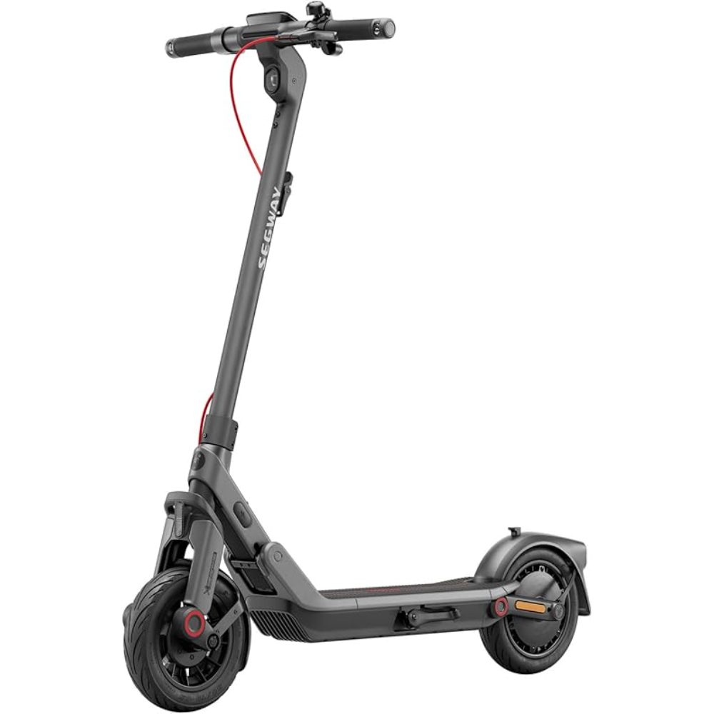 Black Segway Ninebot Kickscooter E3 Pro D electric scooter with dual wheels, handlebar controls, red accents, and digital display against white background