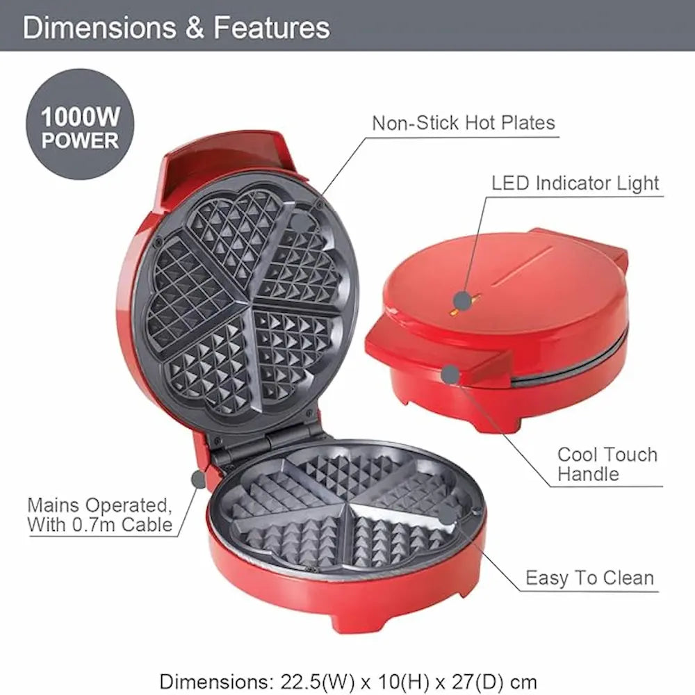 Global Gizmos Heart Shape Waffle Maker - Red | 37559