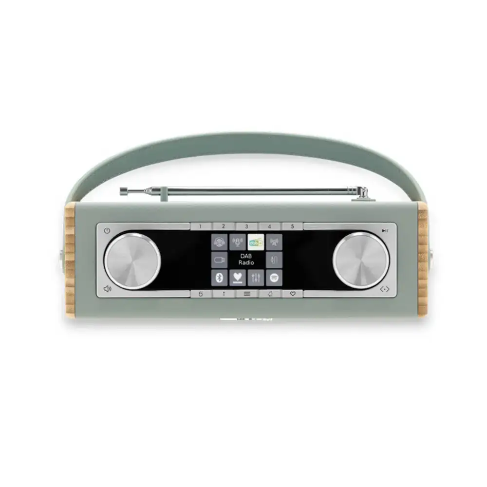 Roberts Rambler Max Smart DAB+ FM Radio in duck egg green with wooden side panels, dual control knobs, digital display screen and carrying handle