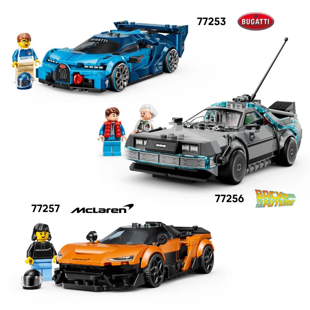 LEGO Speed Champions collection featuring three iconic vehicles: blue Bugatti 77253 with racing driver minifigure, Back to the Future DeLorean 77256 with time traveler minifigures, and orange McLaren supercar 77257 with female racing driver minifigure, displayed against white background