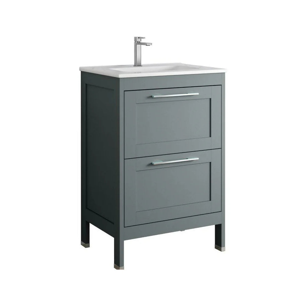 Matt grey freestanding bathroom vanity unit with white ceramic basin, chrome tap, two drawers with metal handles, and square legs, 60cm width