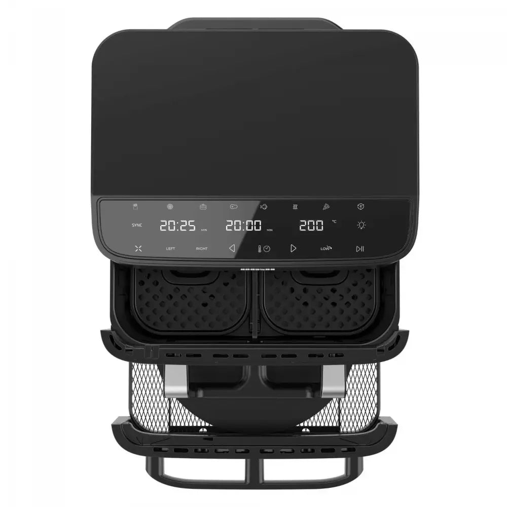 Top-down view of Cecotec Cecofry FoodCourt Air Dryer and Pizza Oven, 18 litre black stainless steel unit with digital display showing temperature and time settings, dual cooking baskets with perforated surfaces, and control panel with multiple function buttons