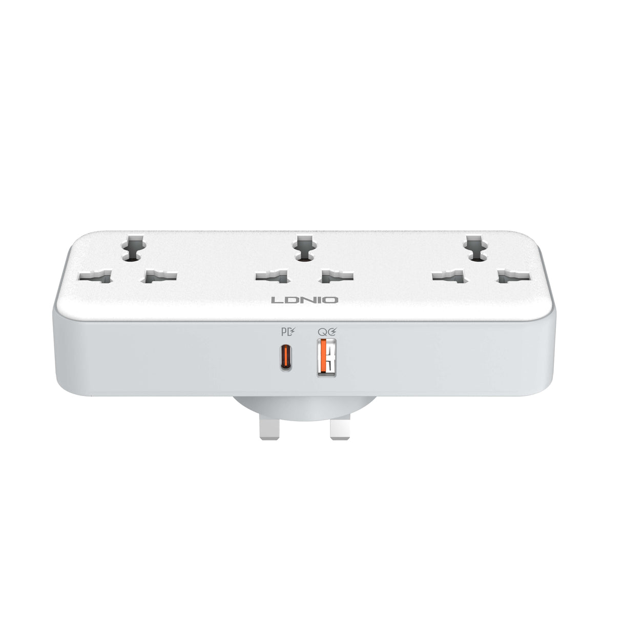 White multiple outlet strip with USB ports on a white background
