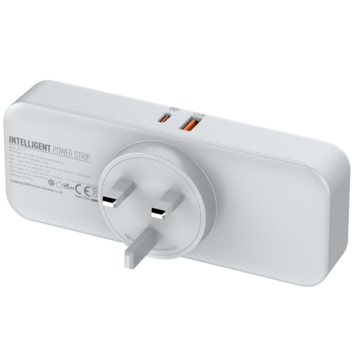 White intelligent power strip with multiple outlets and USB ports on a white background