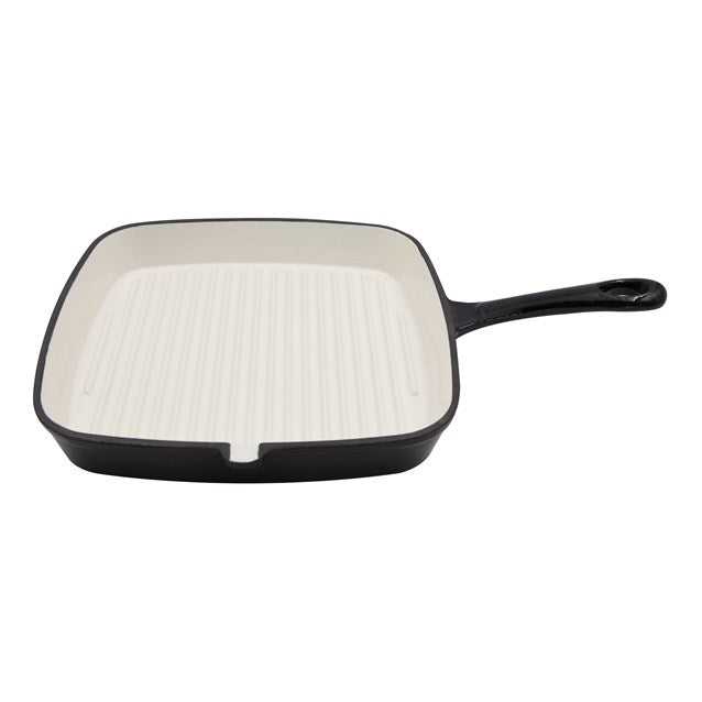 Blackmoor cast iron 23.5cm griddle pan with black exterior and cream interior ridged cooking surface and long black handle