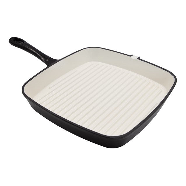 Black cast iron square griddle pan with cream ceramic interior and ridged cooking surface, 23.5cm, featuring a long black handle