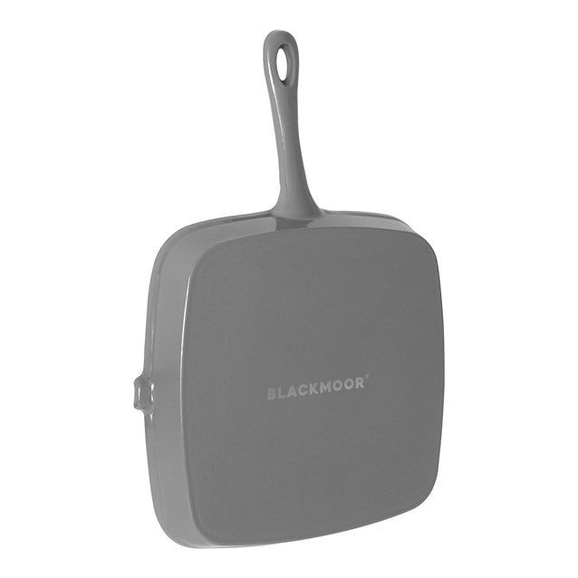 Blackmoor grey cast iron 23.5cm square griddle pan with handle displayed against white background