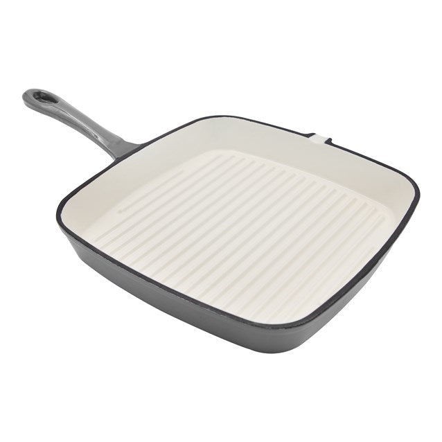 Blackmoor grey cast iron square griddle pan with ridged cooking surface and long handle, 23.5cm