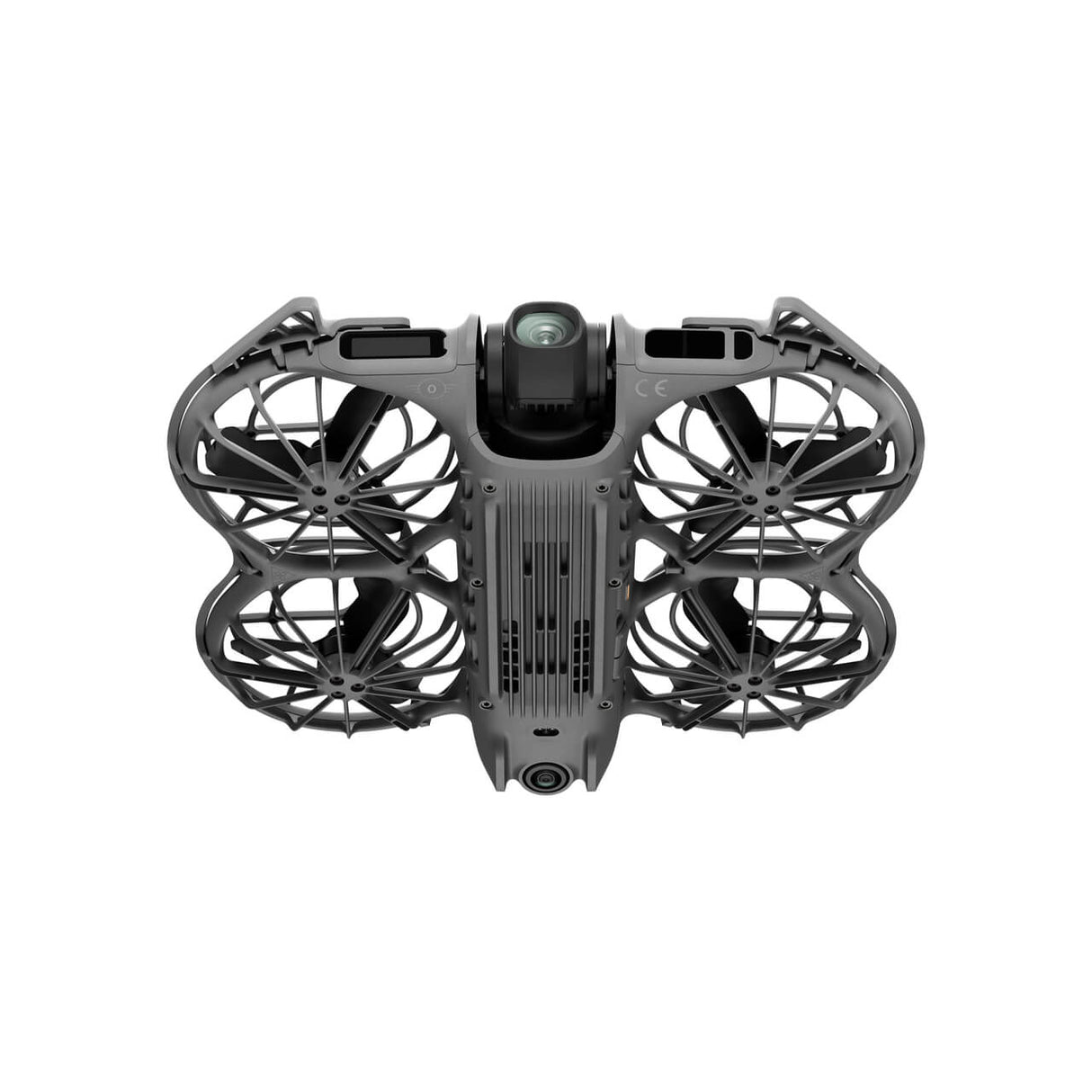 Top-down view of DJI Neo 2 drone showing dark gray and black compact quadcopter with four protective propeller guards, central camera lens, and symmetrical quad-rotor design against white background