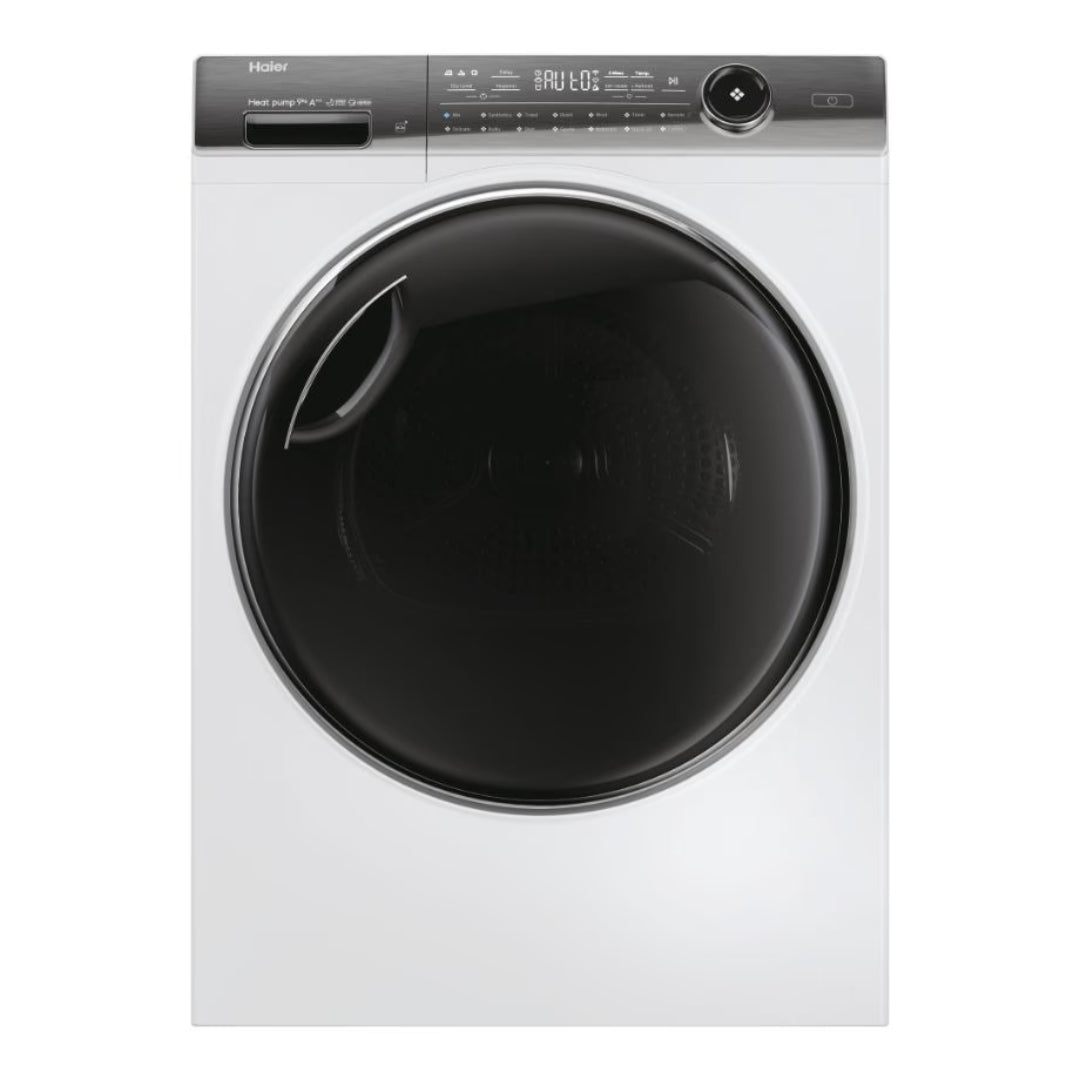 Haier I-Pro Series 7 Plus white heat pump tumble dryer with large black drum door and digital display panel on grey control bar