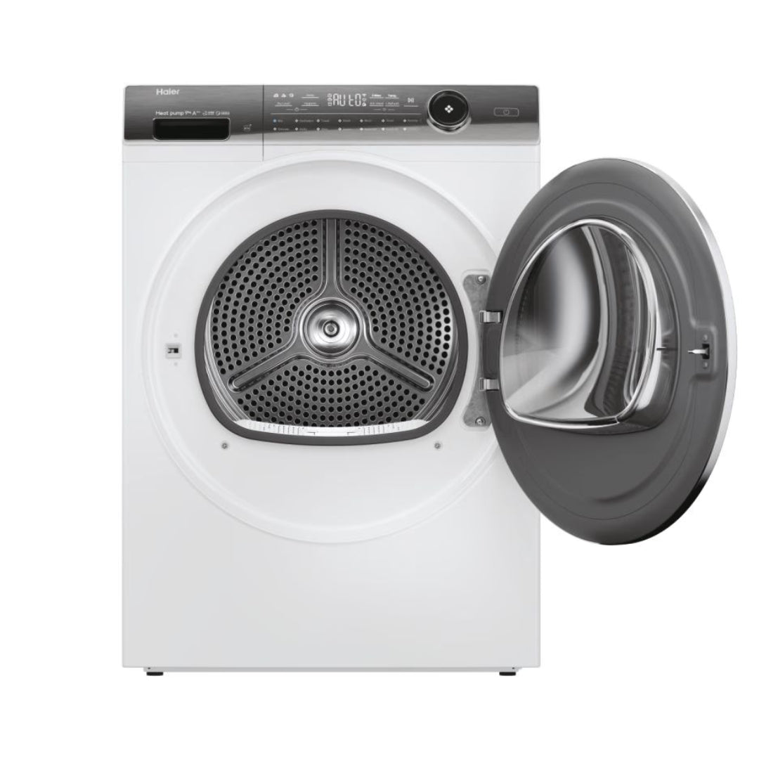 Haier I-Pro Series 7 Plus white heat pump tumble dryer with open door showing grey perforated drum, digital display and control panel on top