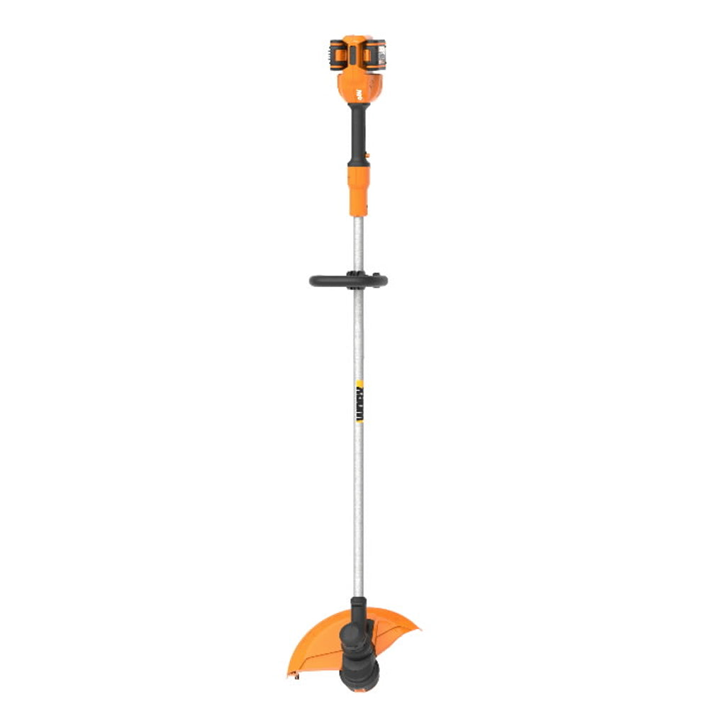 Worx WG183E cordless grass string strimmer with orange and black motor head, silver aluminium shaft, black shoulder strap and orange cutting head on white background