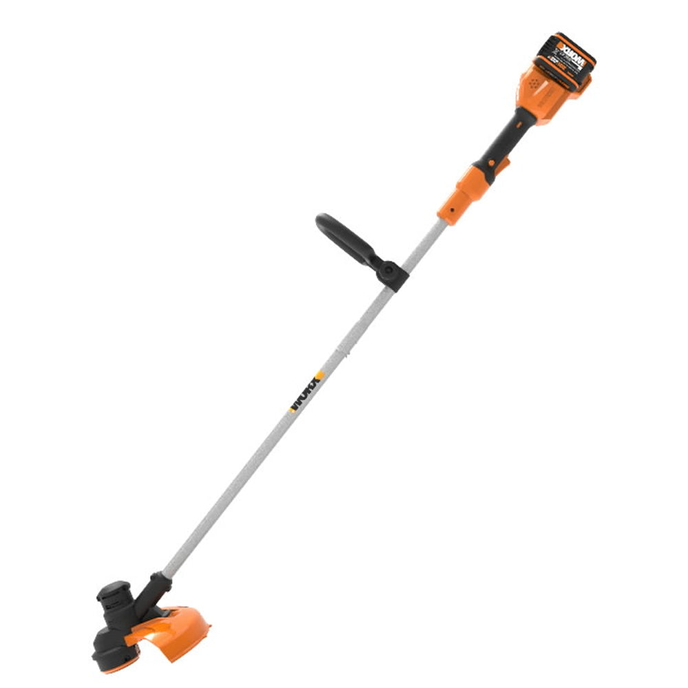 Worx WG183E cordless grass string strimmer with orange and black motor head, gray shaft, black handle grip, and orange battery pack mounted on top against white background