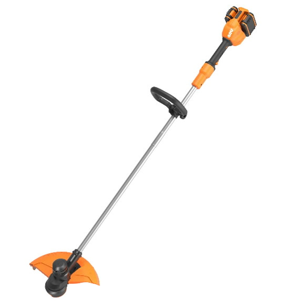 Worx WG183E cordless grass string strimmer with orange and black design, 33cm cutting head, silver shaft, adjustable handle, and dual 20V battery system shown at angle against white background