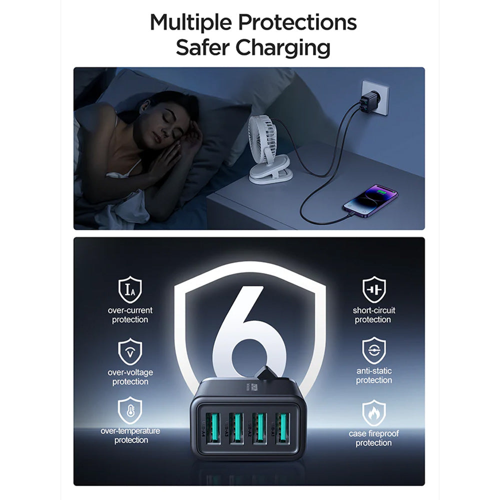 Joyroom Mobile Phone Wall Plug Charger 4.8a 4 USB Ports - Black | HL-TCN03UK