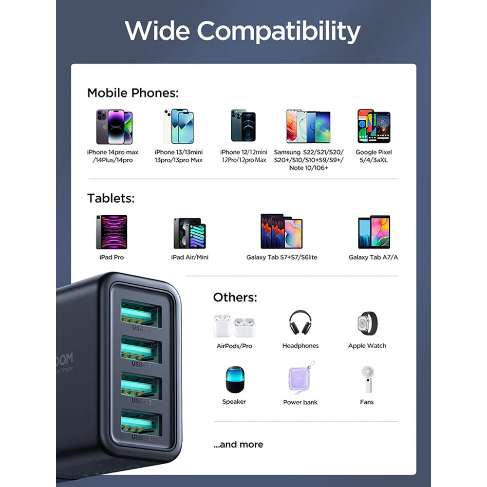 Joyroom Mobile Phone Wall Plug Charger 4.8a 4 USB Ports - Black | HL-TCN03UK