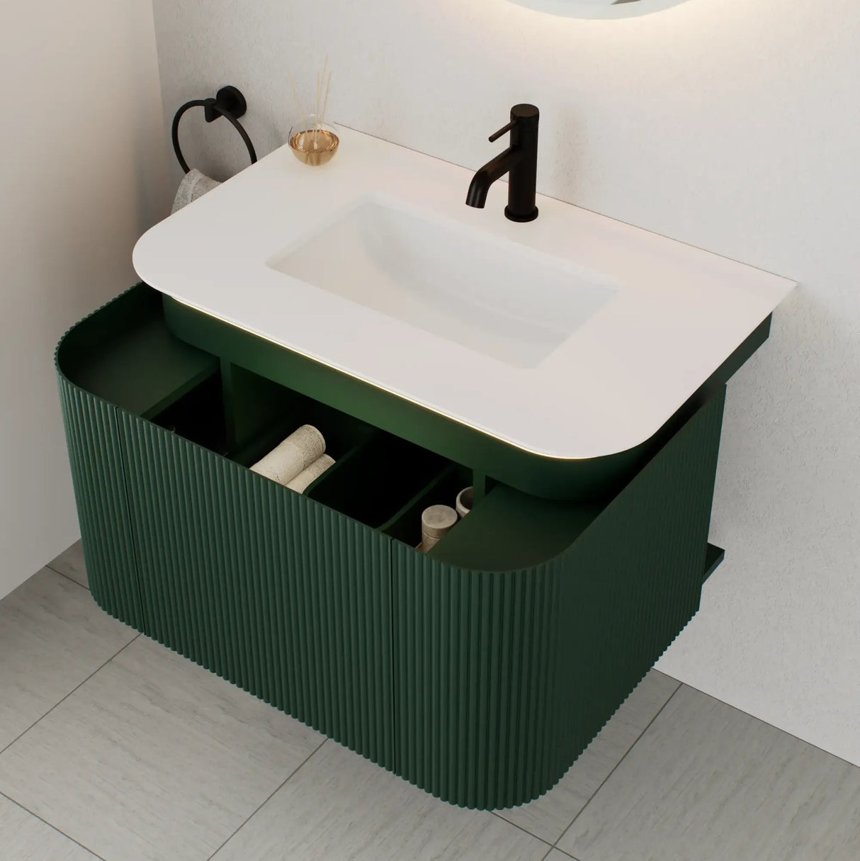NADU WALL HUNG CABINET WITH LED SENSOR 800mm | Fir Green & Oyster White