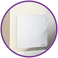 Wall-mounted electronic device with a clear panel on a light background