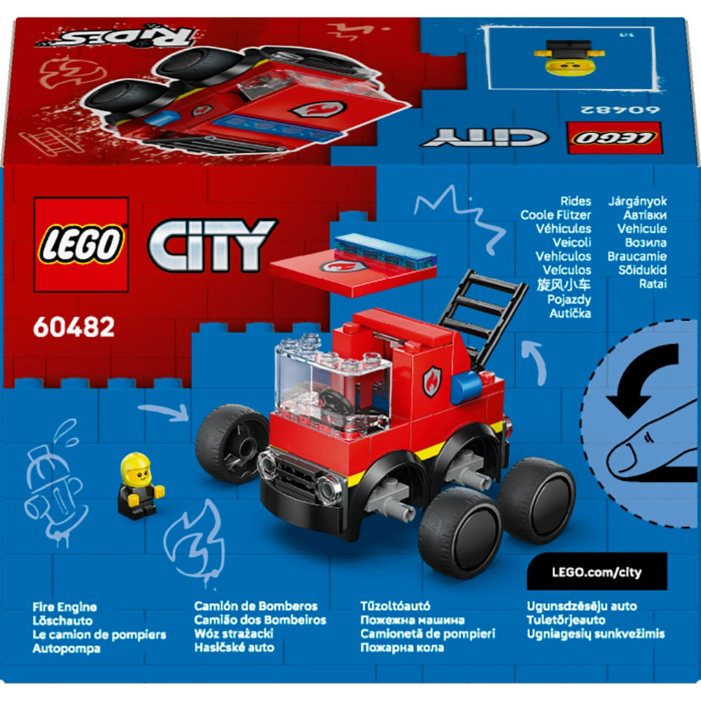 LEGO City Fire Engine 60482 set box showing red and blue packaging with a small yellow minifigure and a red fire truck vehicle with large black wheels and transparent cabin, displayed against blue background with multilingual product information
