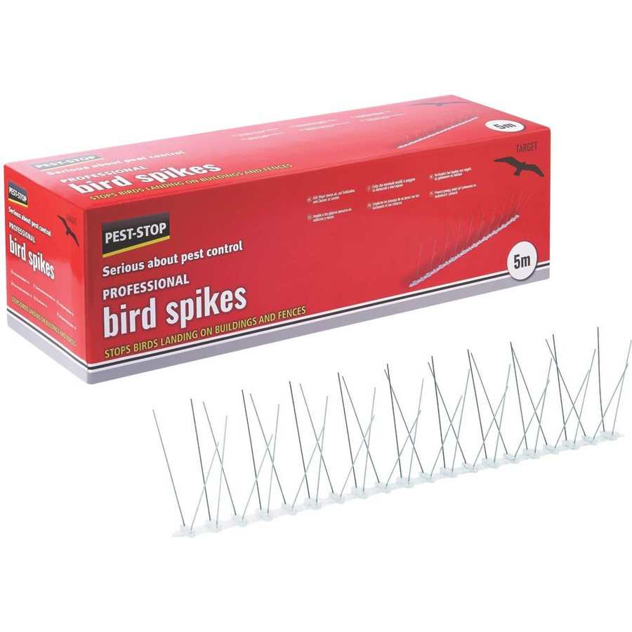 PEST-STOP Professional Bird Spikes 5m pack showing red product box and clear plastic strip with stainless steel spikes for building and fence bird control